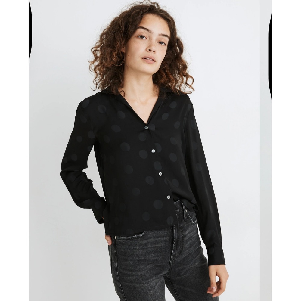 Madewell Jacquard Dot Pajama Button Up Shirt Black Long Sleeve Collared Size L